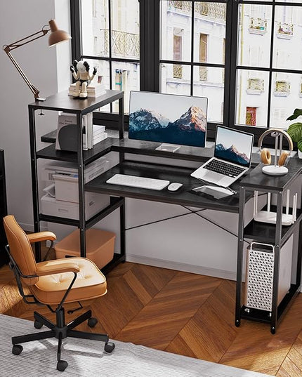 63-Inch Home Office Desk with Storage Shelves, Gaming Computer Desk with Monitor Stand and Printer Shelf for Study, Writing, PC Work - LeafyLoom