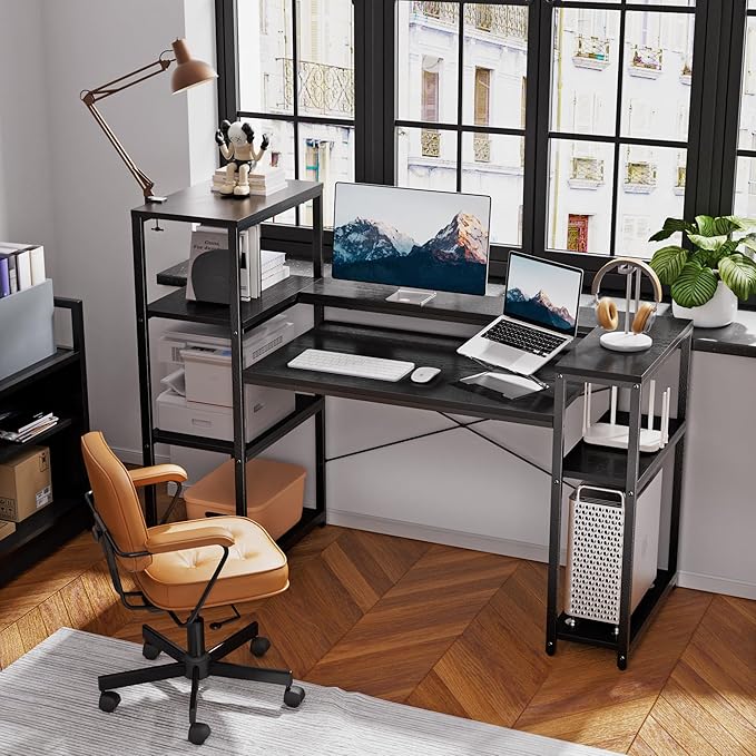 63-Inch Home Office Desk with Storage Shelves, Gaming Computer Desk with Monitor Stand and Printer Shelf for Study, Writing, PC Work - LeafyLoom