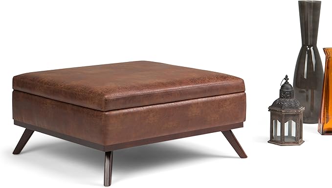 SIMPLIHOME Owen 36 Inch Wide Mid Century Modern Square Coffee Table Lift Top Storage Ottoman in Upholstered Distressed Saddle Brown Faux Leather, For the Living Room - LeafyLoom