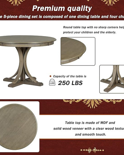 5 Piece Modern Round Dining Set, Including Solid Wood Curved Trestle Style Table Legs and 4 Upholstered Backrest Cushioned Chairs, for Kitchen, Living Room, Taupe+Beige - LeafyLoom