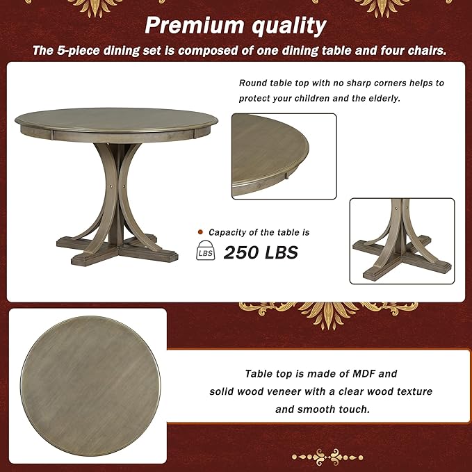5 Piece Modern Round Dining Set, Including Solid Wood Curved Trestle Style Table Legs and 4 Upholstered Backrest Cushioned Chairs, for Kitchen, Living Room, Taupe+Beige - LeafyLoom