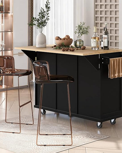 Kitchen Cart with Rubber Wood Drop-Leaf Countertop, Kitchen Island On 5 Wheels with Storage Cabinet, 3 Drawers and Internal Storage Racks, Rolling Mobile Portable Serving Carts (Black) - LeafyLoom