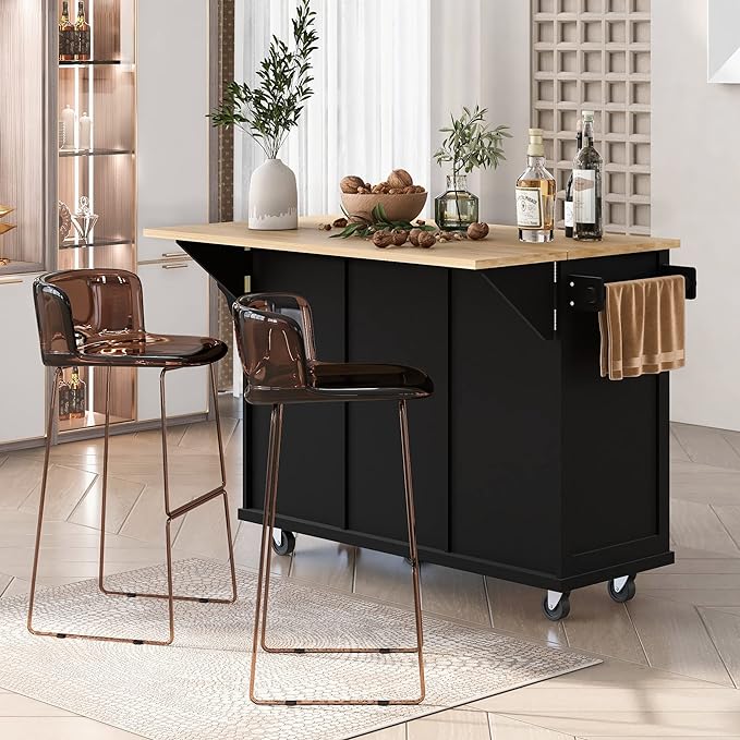 Kitchen Cart with Rubber Wood Drop-Leaf Countertop, Kitchen Island On 5 Wheels with Storage Cabinet, 3 Drawers and Internal Storage Racks, Rolling Mobile Portable Serving Carts (Black) - LeafyLoom