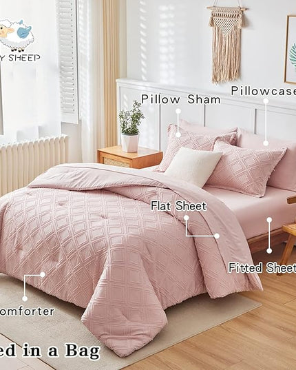 7 Pieces Tufted Bed in a Bag Queen Comforter Set with Sheets Blush, Soft and Embroidery Shabby Chic Boho Bohemian, Luxury Solid Color with Diamond Pattern, Jacquard Tufts Bedding Set for All Season - LeafyLoom