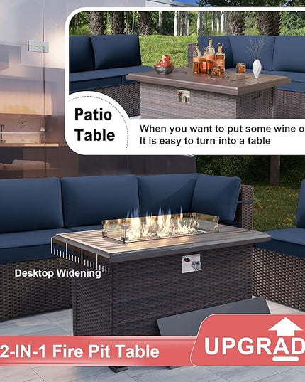Patio Furniture Set with Fire Pit Table 13 PCS Outdoor Sectional Furniture Outdoor Rattan Patio Conversation Sets with 43in 55,000 BTU Propane Gas Fire Pit Table Glass Table, Navy Blue - LeafyLoom