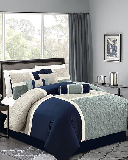 Chezmoi Collection Upland 7-Piece Quilted Patchwork Comforter Set, Navy/Blue/Gray, California King - LeafyLoom