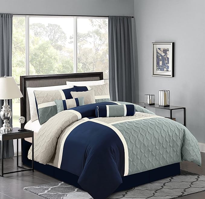 Chezmoi Collection Upland 7-Piece Quilted Patchwork Comforter Set, Navy/Blue/Gray, California King - LeafyLoom