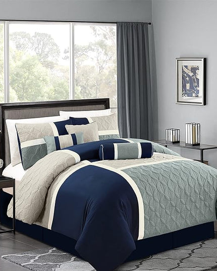 Chezmoi Collection Upland 7-Piece Quilted Patchwork Comforter Set, Navy/Blue/Gray, Full - LeafyLoom
