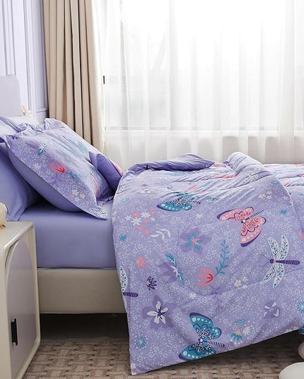 Mooreeke Bed in a Bag for Kids Girls Teens, 6 Pieces Twin Size Comforter Bed Set with Shams, Sheet Set and Decorative Toy Pillow, Butterfly Purple Super Soft Microfiber Kids Comforter Bedding Set - LeafyLoom