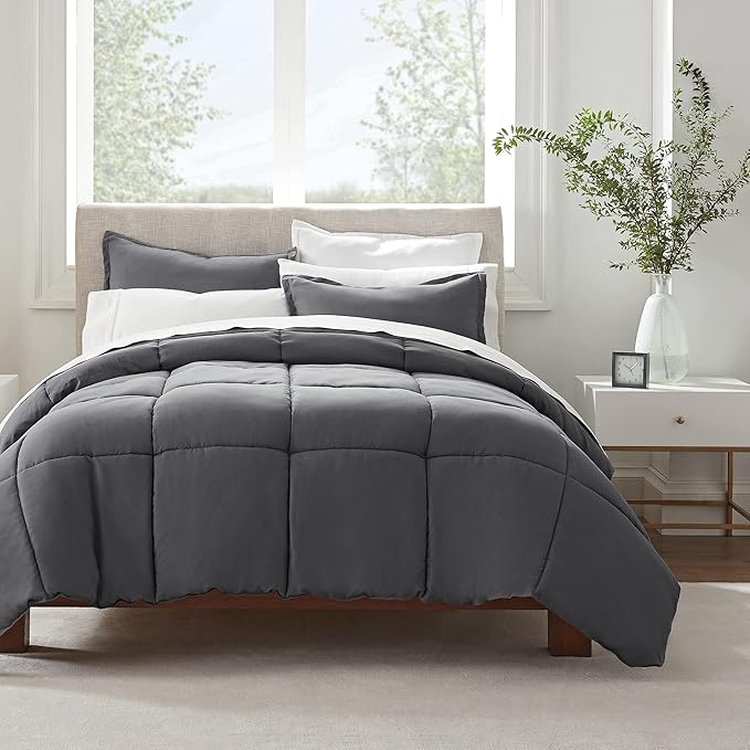 SERTA Simply Clean Ultra Soft Hypoallergenic Solid 3 Piece Comforter Set, Full/Queen, Grey - LeafyLoom