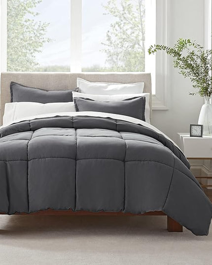 SERTA Simply Clean Ultra Soft Hypoallergenic Solid 3 Piece Comforter Set, King, Grey - LeafyLoom