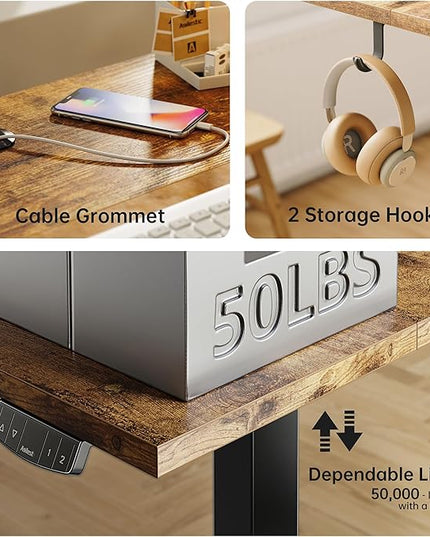 Height Adjustable Desk with Keyboard Tray, 55 x 24 Inches Electric Standing Desk, Stand up Computer Table with Memory Preset, Dark Brown, Splice Board - LeafyLoom