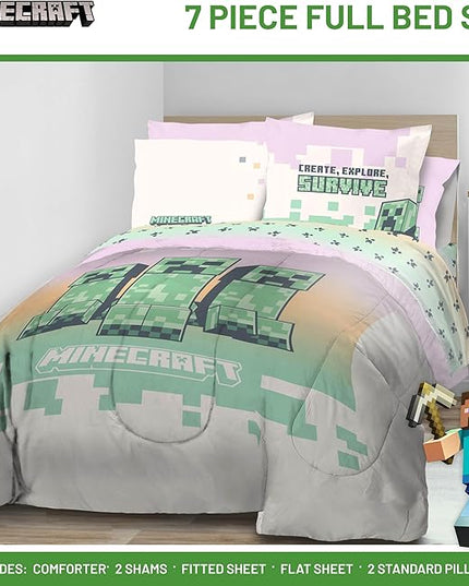 Minecraft Creeper Full Comforter Set - 7 Piece Bedding includes Sheet Set & Pillow Covers - Super Soft Pink & Green Kids Bedding - LeafyLoom