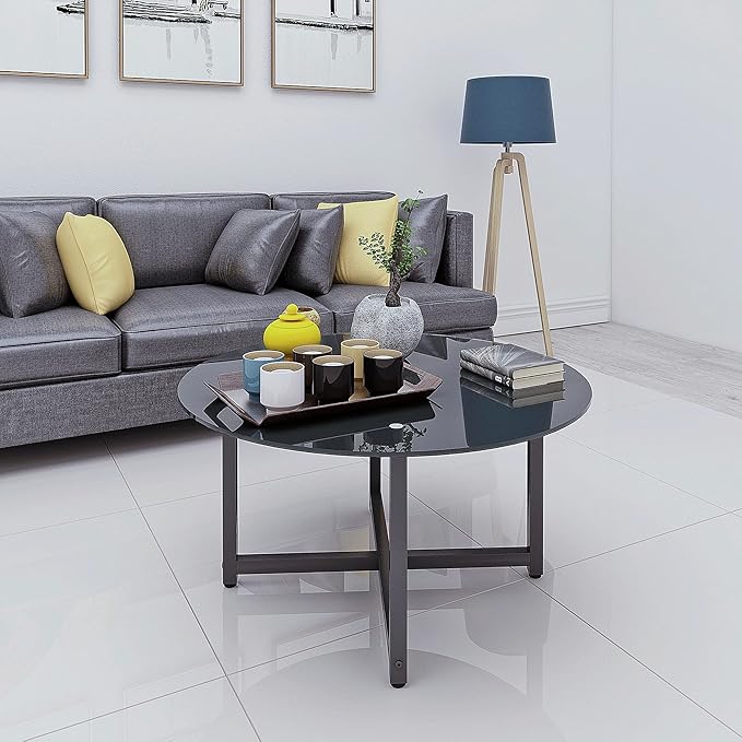 NicBex Coffee Table Modern Tempered Glass Coffee Table with Storage Round Center Tables with Metal Legs Dining Table for Living Room, Dining Room, Office, and Bedroom,35.44" W, Black - LeafyLoom