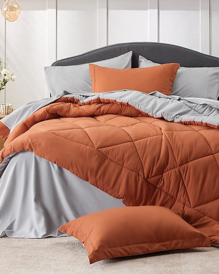 Bedsure Burnt Orange King Size Comforter Set - 7 Pieces Reversible King Bed in a Bag King Bed Set with Comforters, Sheets, Pillowcases & Shams, King Bedding Sets - LeafyLoom