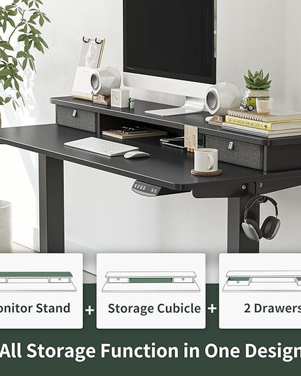FEZIBO 40 x 24 Inch Height Adjustable Electric Standing Desk with Double Drawer, Stand Up Desk with Storage Shelf, Sit Stand Desk, Black - LeafyLoom