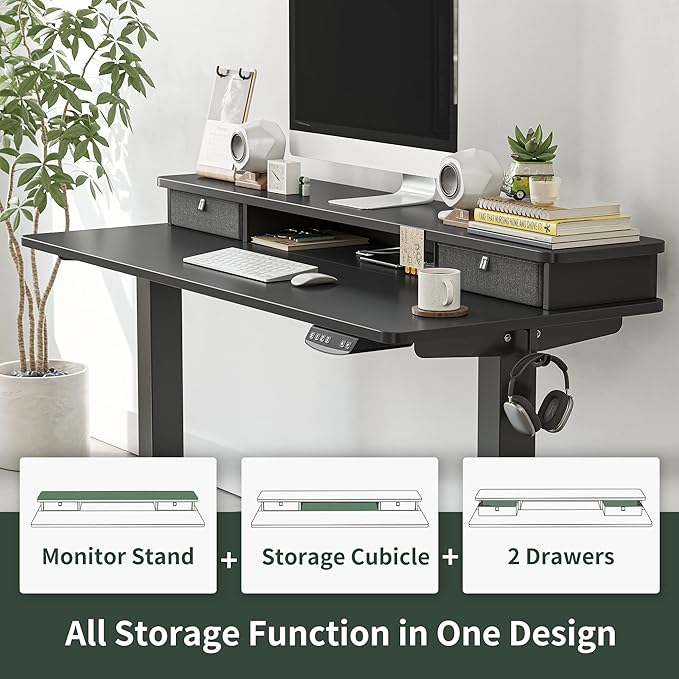 FEZIBO 40 x 24 Inch Height Adjustable Electric Standing Desk with Double Drawer, Stand Up Desk with Storage Shelf, Sit Stand Desk, Black - LeafyLoom