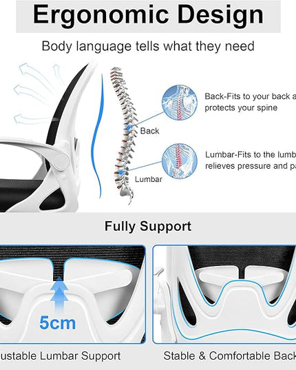 Primy Office Chair Ergonomic Desk Chair with Adjustable Lumbar Support and Height, Swivel Breathable Desk Mesh Computer Chair with Flip up Armrests for Conference Room(White) - LeafyLoom