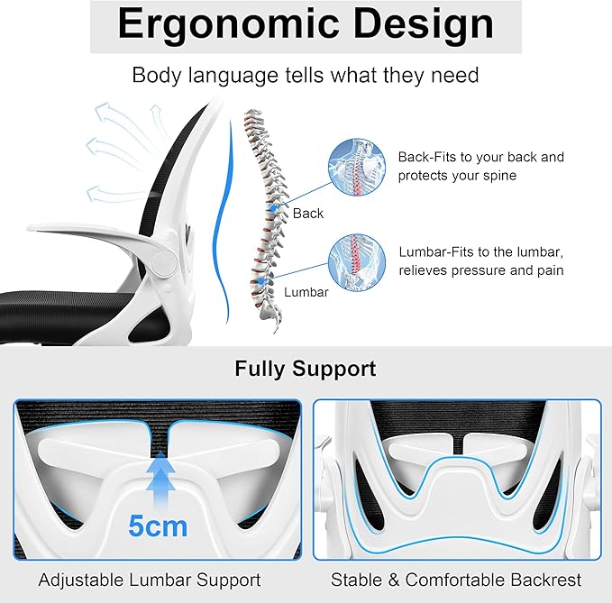 Primy Office Chair Ergonomic Desk Chair with Adjustable Lumbar Support and Height, Swivel Breathable Desk Mesh Computer Chair with Flip up Armrests for Conference Room(White) - LeafyLoom