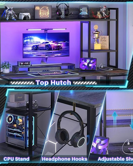 Cyclysio Gaming Desk with Hutch, 47'' Computer Desk with LED Lights & Power Outlets, Home Office Desk with Reversible 5 Tiers Storage Shelves & Monitor Stand, Small Gaming Table for Small Space, Grey - LeafyLoom