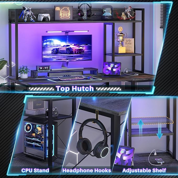 Cyclysio Gaming Desk with Hutch, 47'' Computer Desk with LED Lights & Power Outlets, Home Office Desk with Reversible 5 Tiers Storage Shelves & Monitor Stand, Small Gaming Table for Small Space, Grey - LeafyLoom