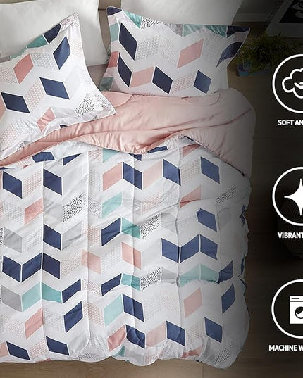 Comfort Spaces Kylar Cozy Comforter Set, Vibrant Chevron Ruching Design with Solid Reverse, All Season Down Alternative Bedding with Matching Sham, Full/Queen (88 in x 92 in), Multi/Blush 3 Piece - LeafyLoom