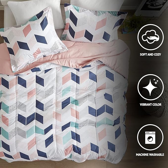 Comfort Spaces Kylar Cozy Comforter Set, Vibrant Chevron Ruching Design with Solid Reverse, All Season Down Alternative Bedding with Matching Sham, Twin/Twin XL (66 in x 90 in), Multi/Blush 2 Piece - LeafyLoom