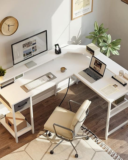 CubiCubi L Shaped Gaming Desk with LED Lights and Power Outlets, 58" Reversible Corner Computer Desk with Storage Shelves and Drawer, Home Office Desk with Monitor Stand, White - LeafyLoom