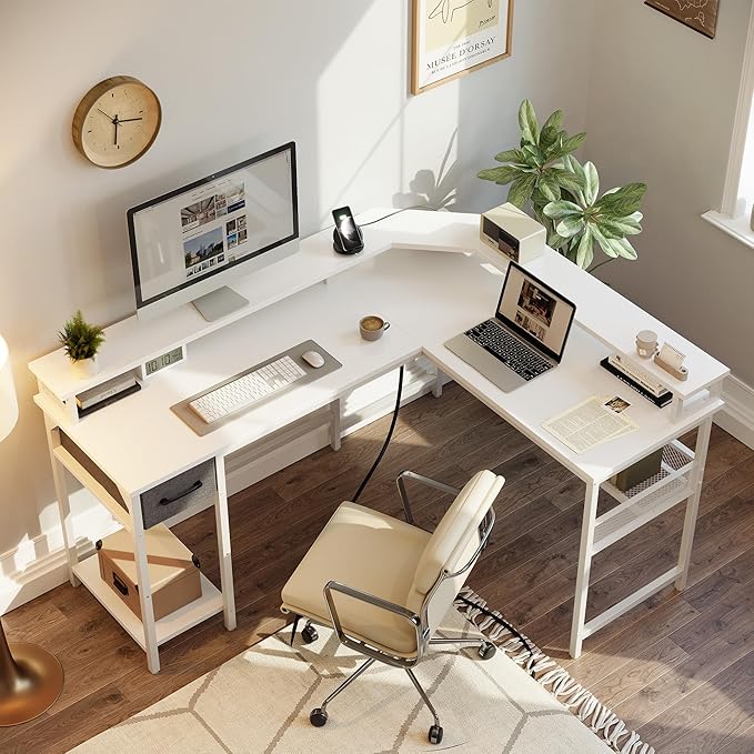 CubiCubi L Shaped Gaming Desk with LED Lights and Power Outlets, 58" Reversible Corner Computer Desk with Storage Shelves and Drawer, Home Office Desk with Monitor Stand, White - LeafyLoom