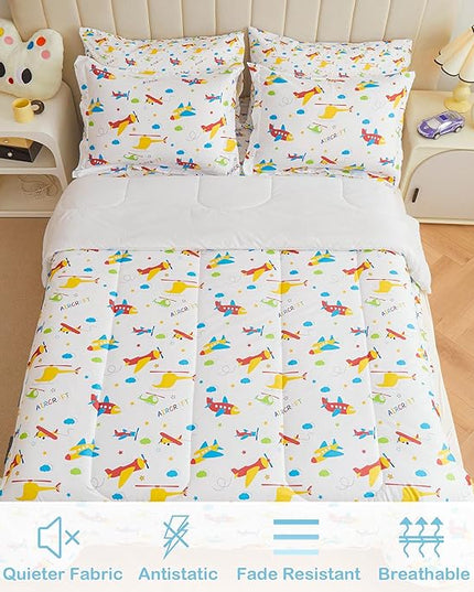 Mooreeke Bed in a Bag for Kids Boys Teens, 5 Pieces Twin Size Aircraft Print Comforter Bed Set with Shams, Sheet Set, Airplane White Super Soft Microfiber Kids Comforter Bedding Set - LeafyLoom