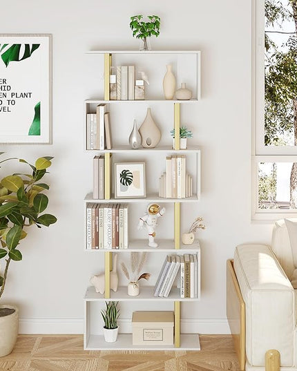 Yusong Geometric Bookcase, S Shaped Bookshelf 6-Tier Book Shelves for Bedroom, Modern Wood Decorative Display Shelf Tall Book Case for Home Office, Gold and White - LeafyLoom