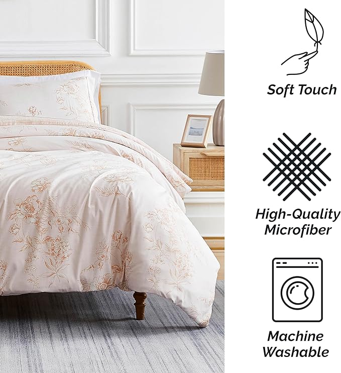 Southshore Fine Living, Inc. Twin Comforter Bedding Set, Down Alternative Floral Comforter with Matching Sham for Twin and Twin XL Beds, Reversible Print is 2 Colors in 1, Taupe & White - LeafyLoom