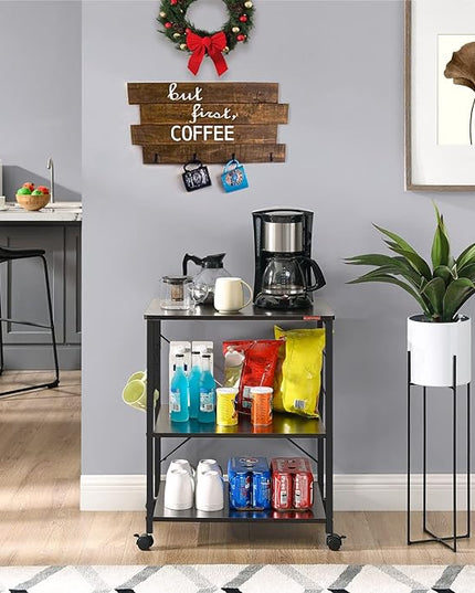 Mr IRONSTONE Kitchen Stand Microwave Cart 23.7'' for Small Space, Coffee Bar Table 3-Tier Rolling Utility Microwave Stand on Wheels, Coffee Cart with Storage Bakers Rack, Black Board+Black Metal Frame - LeafyLoom