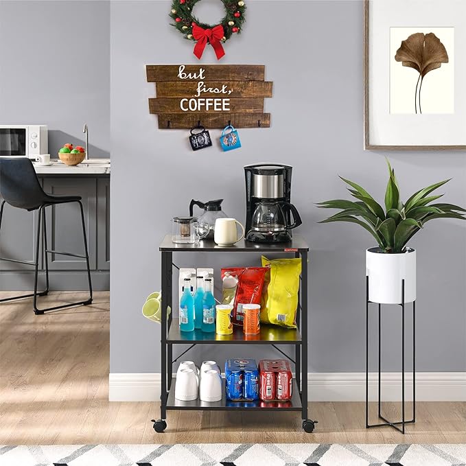 Mr IRONSTONE Kitchen Stand Microwave Cart 23.7'' for Small Space, Coffee Bar Table 3-Tier Rolling Utility Microwave Stand on Wheels, Coffee Cart with Storage Bakers Rack, Black Board+Black Metal Frame - LeafyLoom