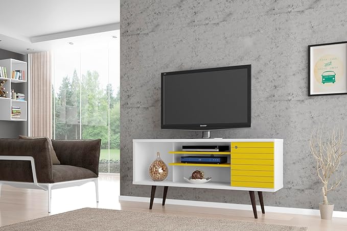 Manhattan Comfort Liberty Mid Century Modern TV Stand for Televisions up to 50 Inches, Bedroom and Living Room Entertainment Center with Storage, Shelves, and Cabinet, 53" Wide, White/Yellow - LeafyLoom