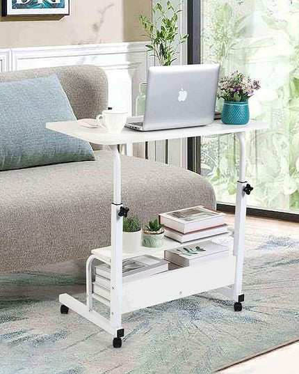 Adjustable White Home Office Desk with Storage and Detachable Wheels - 15.7 x 31.5 Inch - LeafyLoom