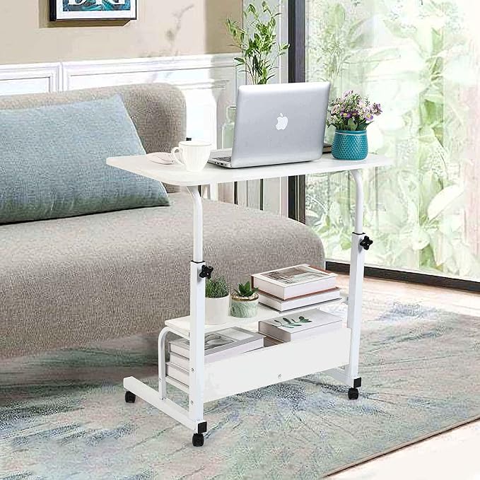 Adjustable White Home Office Desk with Storage and Detachable Wheels - 15.7 x 31.5 Inch - LeafyLoom