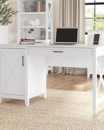 Bush Furniture Key West Computer Desk with Storage | Farmhouse PC Table for Home Office, 54W, Pure White Oak - LeafyLoom