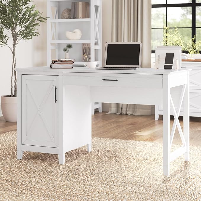 Bush Furniture Key West Computer Desk with Storage | Farmhouse PC Table for Home Office, 54W, Pure White Oak - LeafyLoom