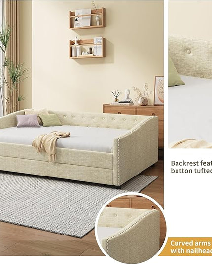 Full Size Upholstered Daybed with Twin Size Trundle,Wood Sofa Bed Frame W/Button Tufted Back and Nailhead Decorated Waved Shape Arms,Slat Support,for Bedroom,Living Room,Apartment,Beige - LeafyLoom