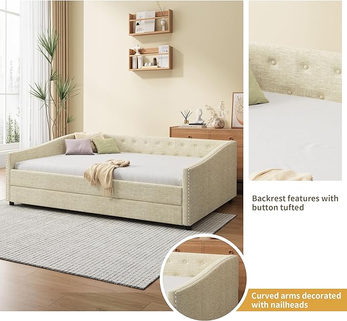 Full Size Upholstered Daybed with Twin Size Trundle,Wood Sofa Bed Frame W/Button Tufted Back and Nailhead Decorated Waved Shape Arms,Slat Support,for Bedroom,Living Room,Apartment,Beige - LeafyLoom