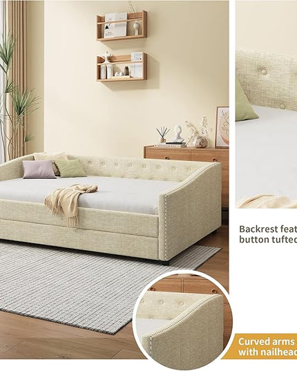 Full Size Daybed with Trundle Upholstered Day Bed frame with Button Tufted Backrest and Nailhead Decorated Armrest for Living Room Bedroom,No Box Spring Needed,Beige - LeafyLoom