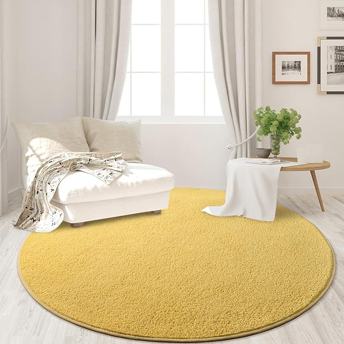 Round Area Rugs for Bedroom Living Room, 4x4 Yellow Super Soft Comfy Thickened Memory-Foam Indoor Circle Carpets, Modern Aesthetic Minimalist Carpet for Boys Girls Adults Nursery Home Décor - LeafyLoom