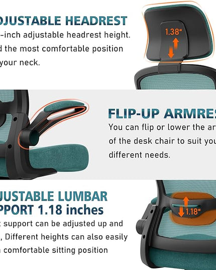 Office Chair, Ergonomic Desk Chair with Adjustable Lumbar Support, High Back Mesh Computer Chair with Flip-up Armrests-BIFMA Passed Task Chairs, Executive Chair for Home Office - LeafyLoom