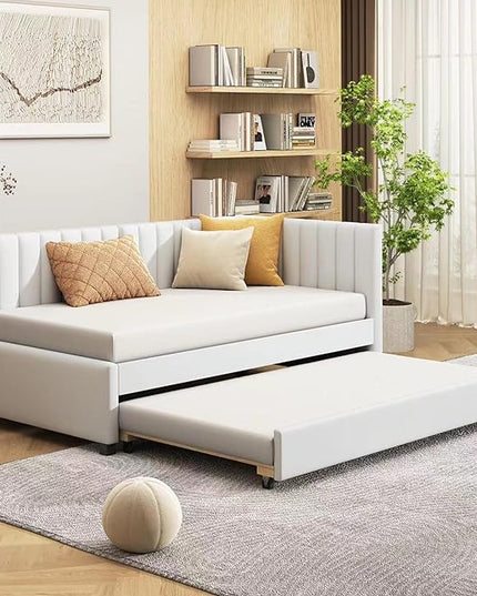 Twin Size Upholstered Linen Daybed with 2 Trundle,Semi-Closed Design,Solid Wood Bed Frame,W/Backrest and Slat Support,No Box Spring Needed,for Apartment Bedroom,Beige - LeafyLoom