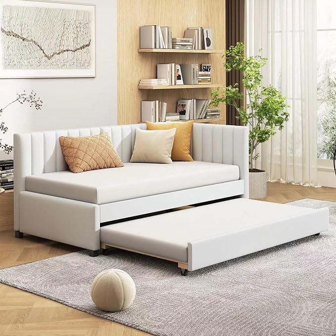 Merax Linen Fabric Upholstered Daybed with Trundle Bed, Twin Size Wodden Sofa Bed for Living Room, Guest Room, Children's Room, Beige - LeafyLoom