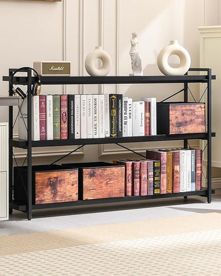 HCHQHS Bookshelf, 3-Tier Long Industrial Bookcase, Black Open Book Shelf, Freestanding Horizontal Bookshelves with Metal Frame - LeafyLoom