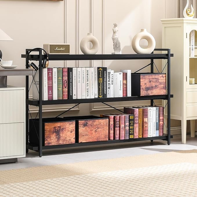 HCHQHS Bookshelf, 3-Tier Long Industrial Bookcase, Black Open Book Shelf, Freestanding Horizontal Bookshelves with Metal Frame - LeafyLoom