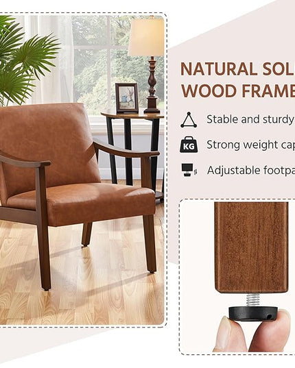 Yaheetech PU Leather Accent Chair, Mid-Century Modern Armchair with Solid Wood Legs, Reading Leisure Chair with High Back for Living Room Bedroom Waiting Room, Brown - LeafyLoom