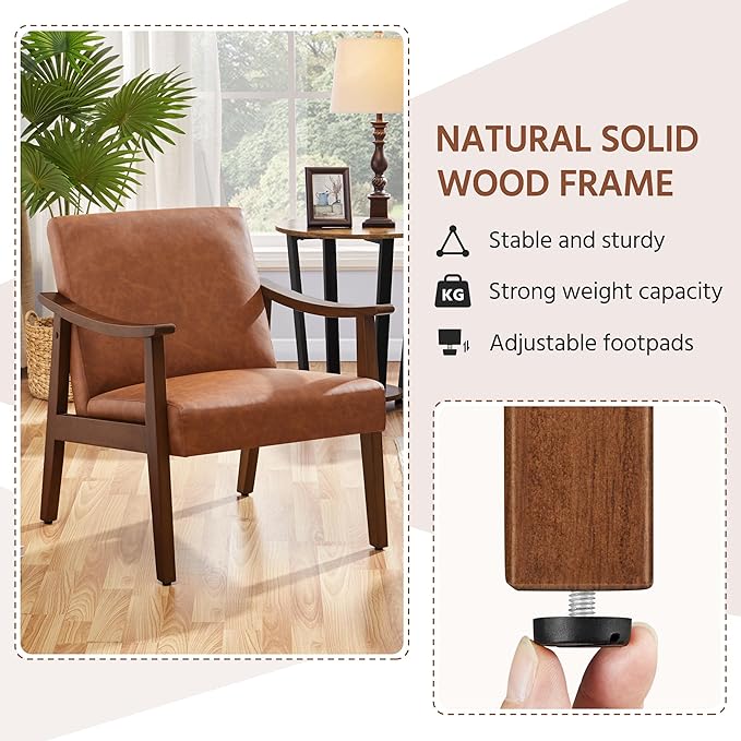 Yaheetech PU Leather Accent Chair, Mid-Century Modern Armchair with Solid Wood Legs, Reading Leisure Chair with High Back for Living Room Bedroom Waiting Room, Brown - LeafyLoom